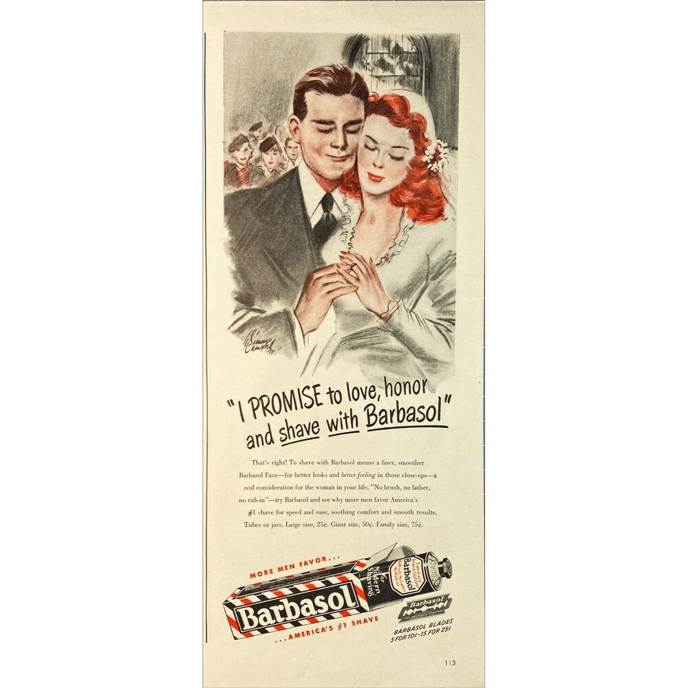 Barbasol for Modern Shaving "promise to love, honor & Shave with Barbasol"Ad '46